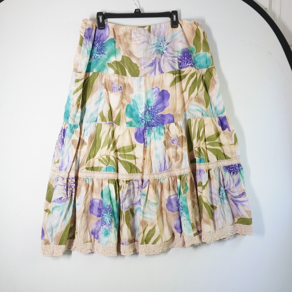 vtg Caribbean Joe Maxi Skirt Womens XL Floral Tiered Lace Trim Cottagecore bEACH - Picture 4 of 6